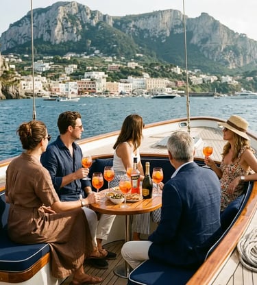 Small group enjoying aperitivo on a boat deck with Capri in background
