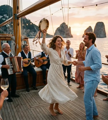 Guests dancing original Tarantella with tambourine on Capri yacht deck at sunset with musicians