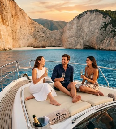 Three guests enjoying champagne on Cranchi Endurance yacht bow near Shipwreck Beach sunset
