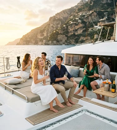 Guests enjoying champagne on Prestige M48 catamaran deck with Amalfi Coast sunset views