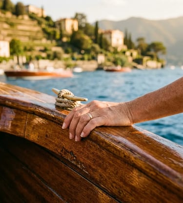 Hand resting on warm wooden gunwale of private boat on Lake Como at golden hour