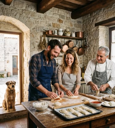 Pet-friendly Puglia cooking class with couple making panzerotti and dog in masseria kitchen