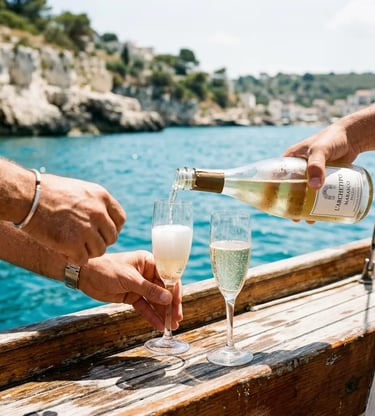 Hands pouring Apulian sparkling wine into glasses on wooden boat deck along Puglia coast