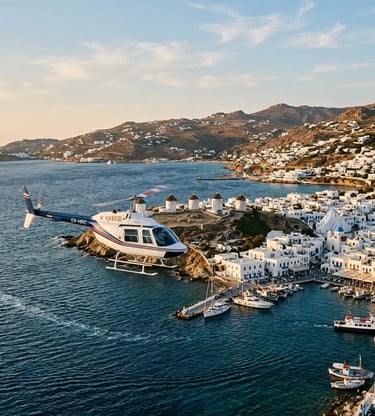 Private helicopter approaching Mykonos coastline with iconic windmills at golden hour