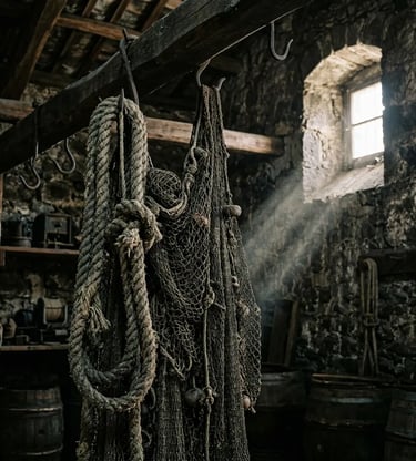 Weathered hemp ropes and traditional fishing nets inside historic Carloforte tuna factory