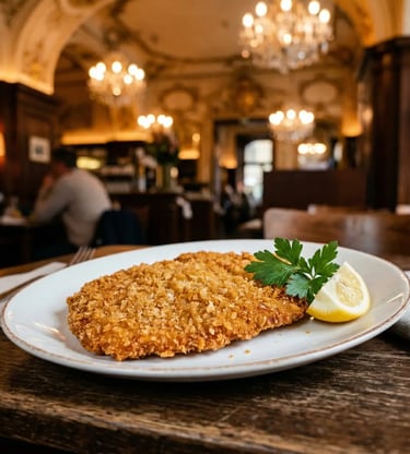 Golden breaded vegan schnitzel on white plate with lemon and parsley, chandelier blur