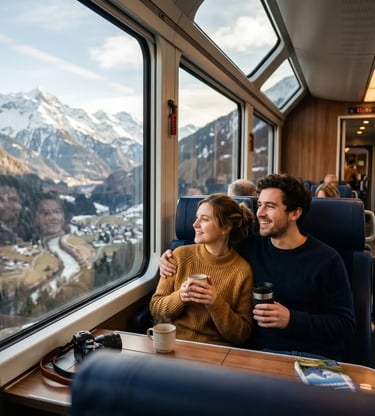 Couple holding hands at Lausanne train station at dusk on private Swiss train tour from Zurich