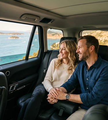 Happy American couple holding hands in private vehicle along Dalmatian coast on Split to Ston tour
