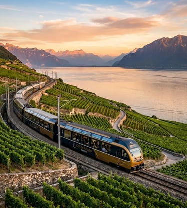 GoldenPass Express panoramic train curving through Lavaux vineyards above Lake Geneva at sunset