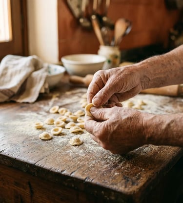 Close-up of weathered hands shaping fresh orecchiette pasta on rustic wooden table in Lecce