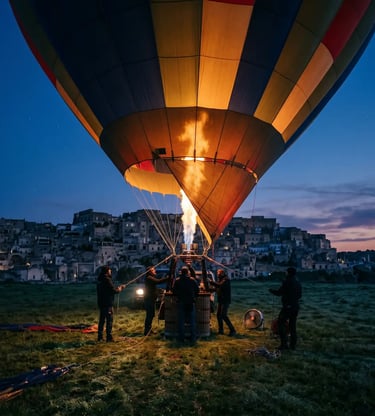 Colorful hot air balloon inflating with flame at blue hour before Matera Sassi skyline at dawn.