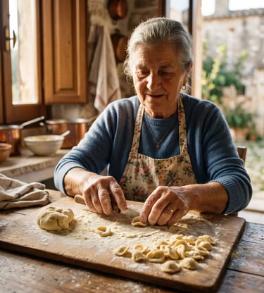  Elderly Italian Cesarina shaping fresh orecchiette pasta on wooden board in rustic Lecce kitchen