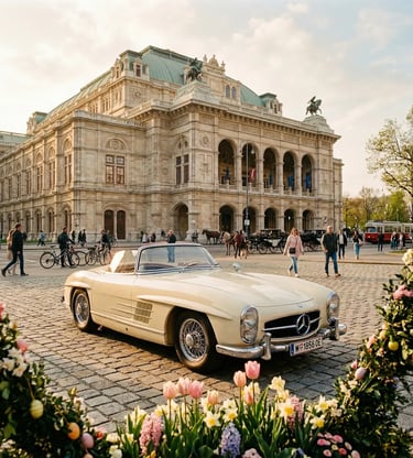 Vintage cream Oldtimer Mercedes parked in front of Vienna State Opera with spring flowers