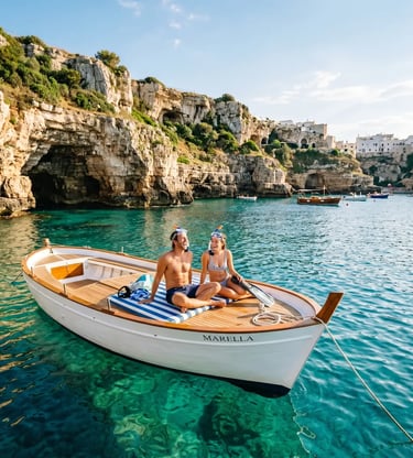  Smiling couple with snorkel masks on white boat in turquoise water by limestone cliffs