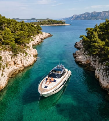 Private luxury speedboat anchored in secluded turquoise cove of Pakleni Islands near Hvar Croatia
