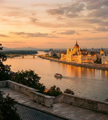  Hungarian Parliament Building glowing at golden hour seen from Buda side across the Danube River
