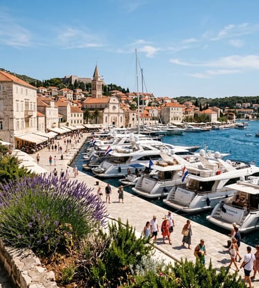 Hvar Town harbor with luxury yachts, Venetian architecture and lavender on Croatia tour