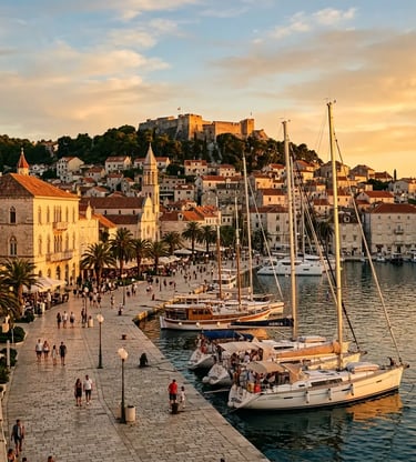 Hvar town Riva promenade at golden hour with sailing yachts and Fortica fortress above