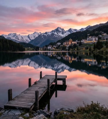 St. Moritz lake at sunset with wooden dock, pink sky reflecting in still Engadin water