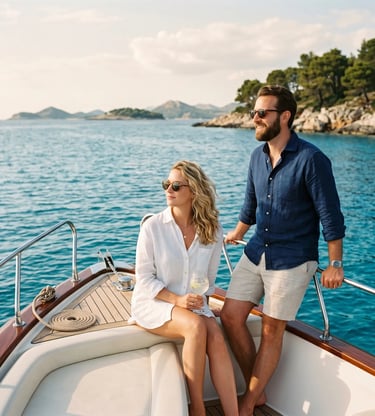 Stylish couple in linen on private speedboat tour with turquoise Adriatic sea and islands