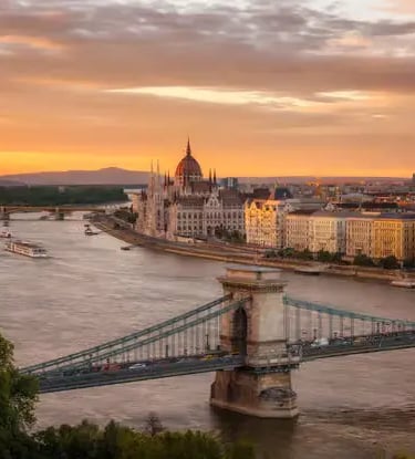 Aerial view of Budapest Parliament and Chain Bridge over the Danube at dramatic sunset