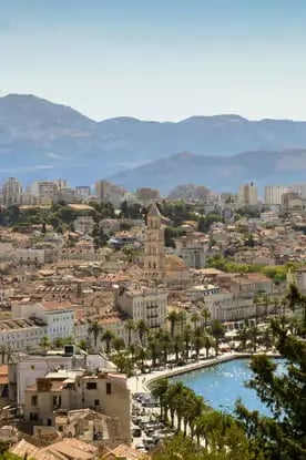 Panoramic view of Split Croatia with Diocletian Palace bell tower and Adriatic waterfront