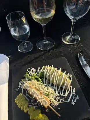 Elegant starter course on slate plate at Dinner in the Sky Dubrovnik