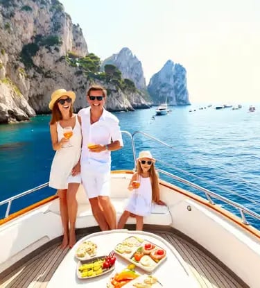 Family enjoying brunch and prosecco on a private yacht bow near the Faraglioni rocks in Capri.