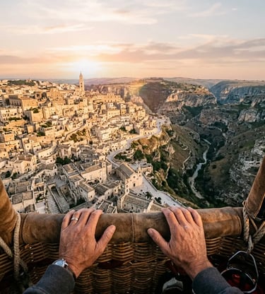 First-person view from hot air balloon basket over Matera Sassi and ravine at sunrise in South Italy