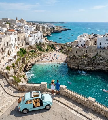 Pale blue vintage Fiat 500 Spiaggina parked above Lama Monachile cove in Polignano a Mare, Puglia