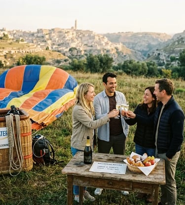 Four travelers toasting with sparkling wine next to a hot air balloon basket with Matera in view