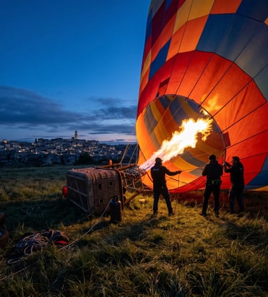 Crew inflating a hot air balloon with burner flame at dawn near Matera, Italy
