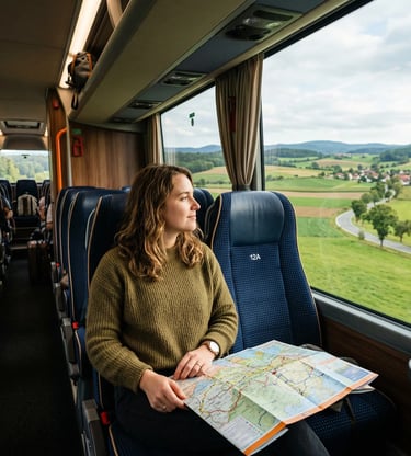 Woman on a tour bus holding a map looking at Central European countryside