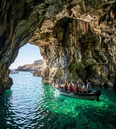 Tour boat Grotta del Sole entering a sea cave with emerald green water near Santa Maria di Leuca