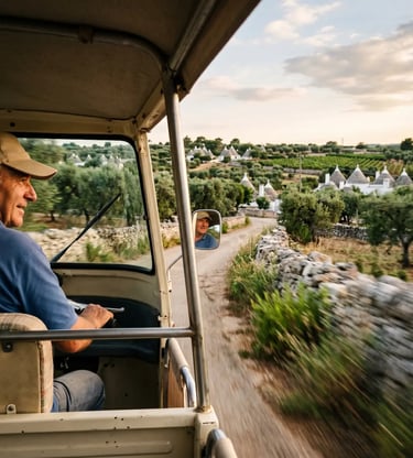 Driver of Ape Calessino moving through trulli countryside in Puglia at sunset