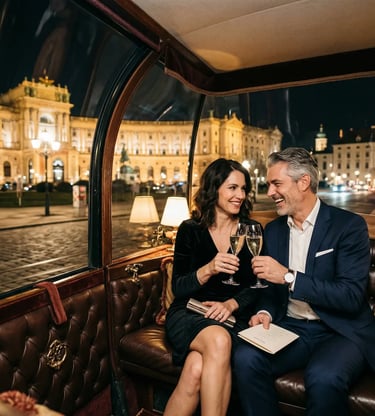 Elegant couple toasting with champagne inside a private Vienna horse-drawn carriage, Hofburg Palace lit up behind them