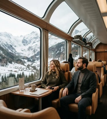 Elegantly dressed couple seated in panoramic Bernina Express carriage with snowy Alps outside