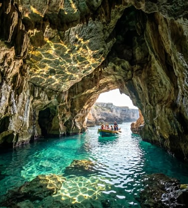 Small boat inside a limestone sea cave with turquoise water, Puglia coast