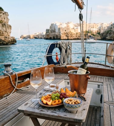 White wine, fresh fruit and taralli on wooden boat deck with Polignano cliffs behind