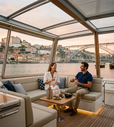 Couple enjoying wine inside yacht bimini enclosure with Dom Luís I Bridge in Porto