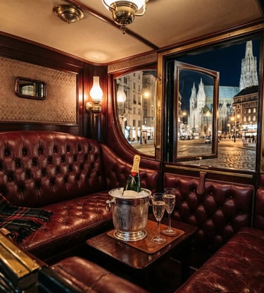 Luxury carriage interior with champagne and Stephansdom view at night