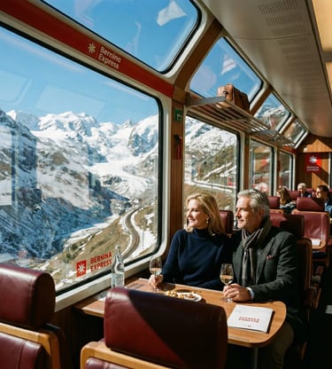 Elegant couple with wine glasses seated in Bernina Express with glacier views outside