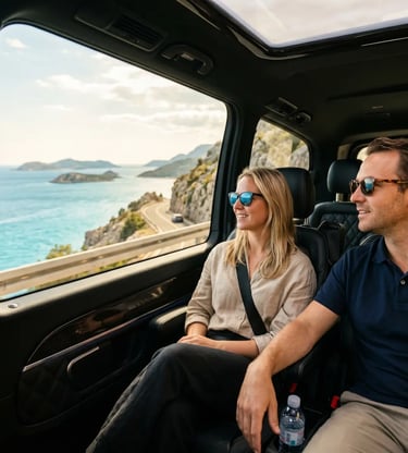 Smiling couple with sunglasses riding in luxury van overlooking turquoise Adriatic coastline