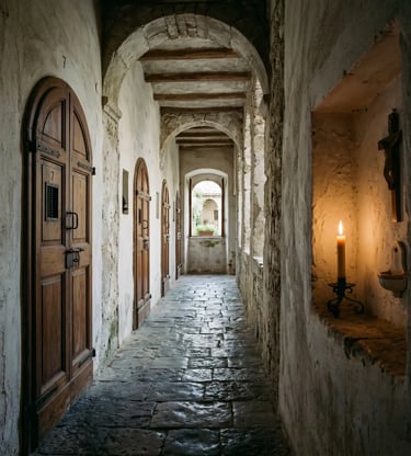 Stone corridor of a Capuchin friary with arched wooden doors and a lit candle on the wall