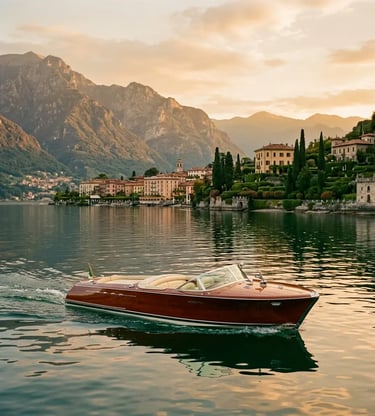 Elegant couple aboard a vintage mahogany boat approaching a grand clifftop villa on Lake Como
