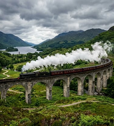 Jacobite Steam Train Crossing the Glenfinnan Viaduct With Steam and Highland Loch