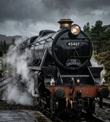 Close-up of Jacobite Steam Train locomotive 45407 with steam and rain on moody Highland day