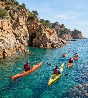  Certified Sea Kayak instructor leading a group into Costa Brava sea caves near Tossa de Mar