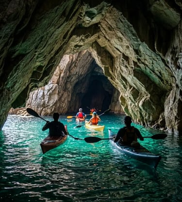 Kayakers paddling through limestone sea cave in turquoise Costa Brava waters
