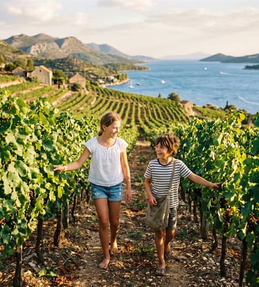 Two kids walking through sunlit Pelješac vineyard with Adriatic Sea views, family wine tour Croatia